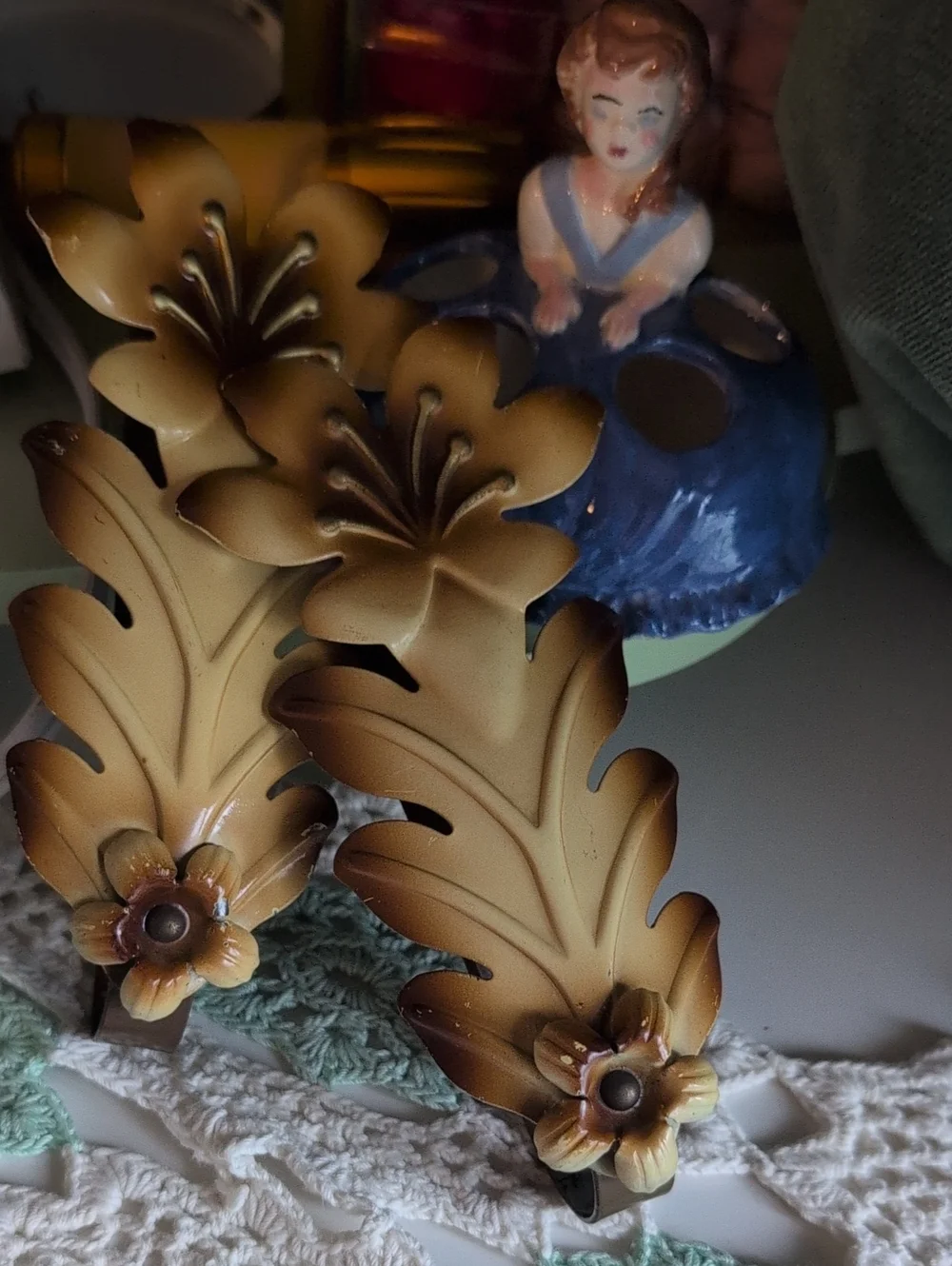 Vintage Leaf Flower Metal Tiebacks Brown Beige Art Deco Style Curtain Swag